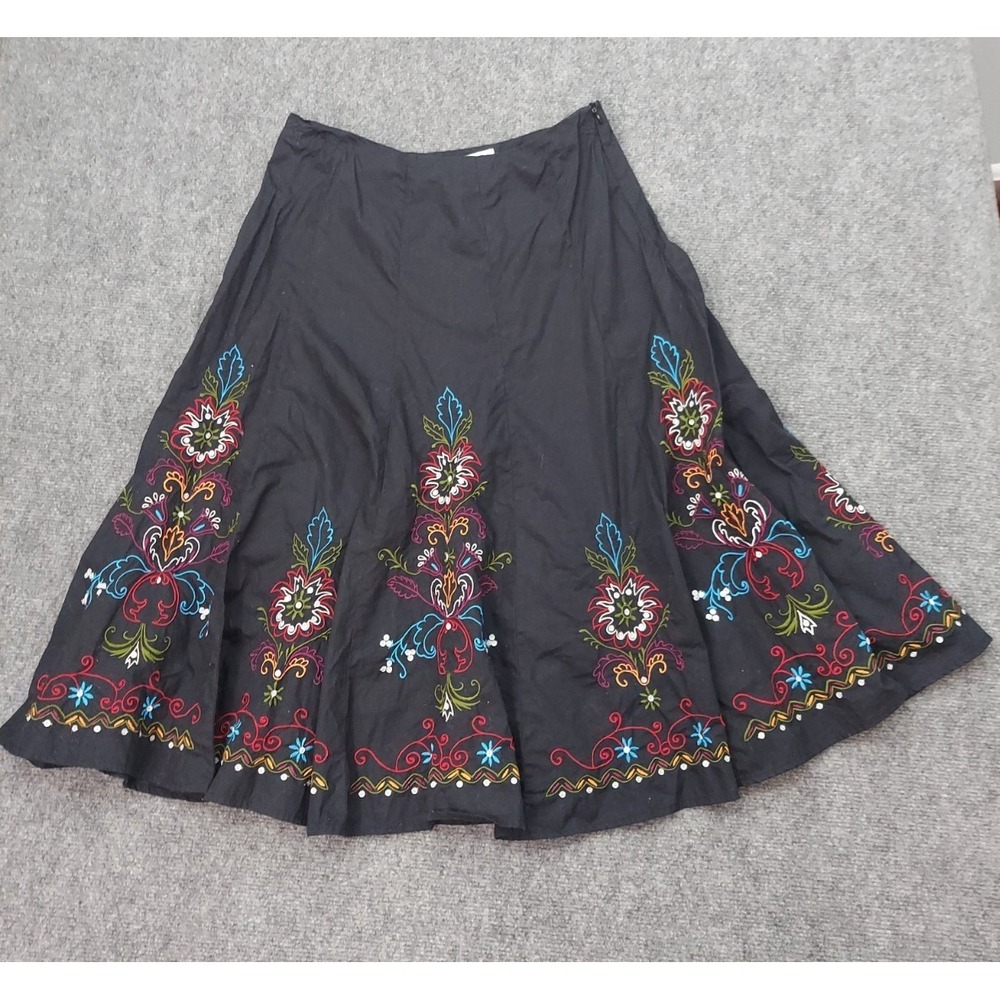 SLB Embroidered Skirt Womens 8 Black Floral Fit Flare Midi Side Zip Cotton Boho